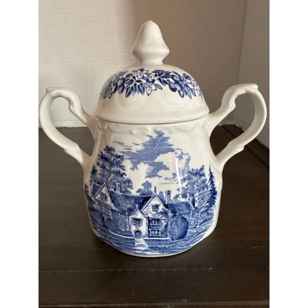 J&G Meakin Romantic England Blue White Sugar Bowl Sandford Orcas Manor House